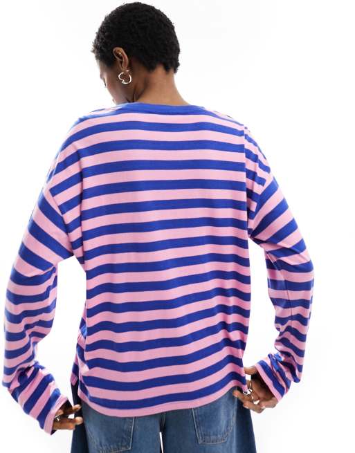 Monki – Różowo-niebieski T-shirt z długimi rękawami w paski, 2 z 4
