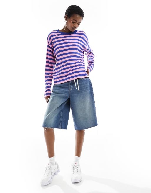 Monki – Różowo-niebieski T-shirt z długimi rękawami w paski, 3 z 4