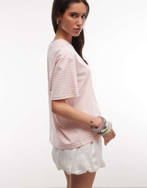 Monki – Różowy T-shirt o pudełkowym kroju w paski, 3 z 4