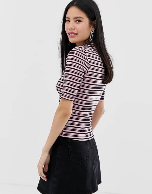 Monki – Różowy t-shirt w paski z dekoltem pod szyję, 2 z 4