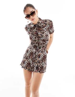 ruche front shirt dress in leopard print-Multi