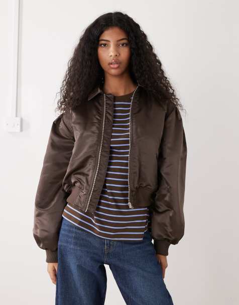 Monki ruched back bomber jacket in brown - view 1