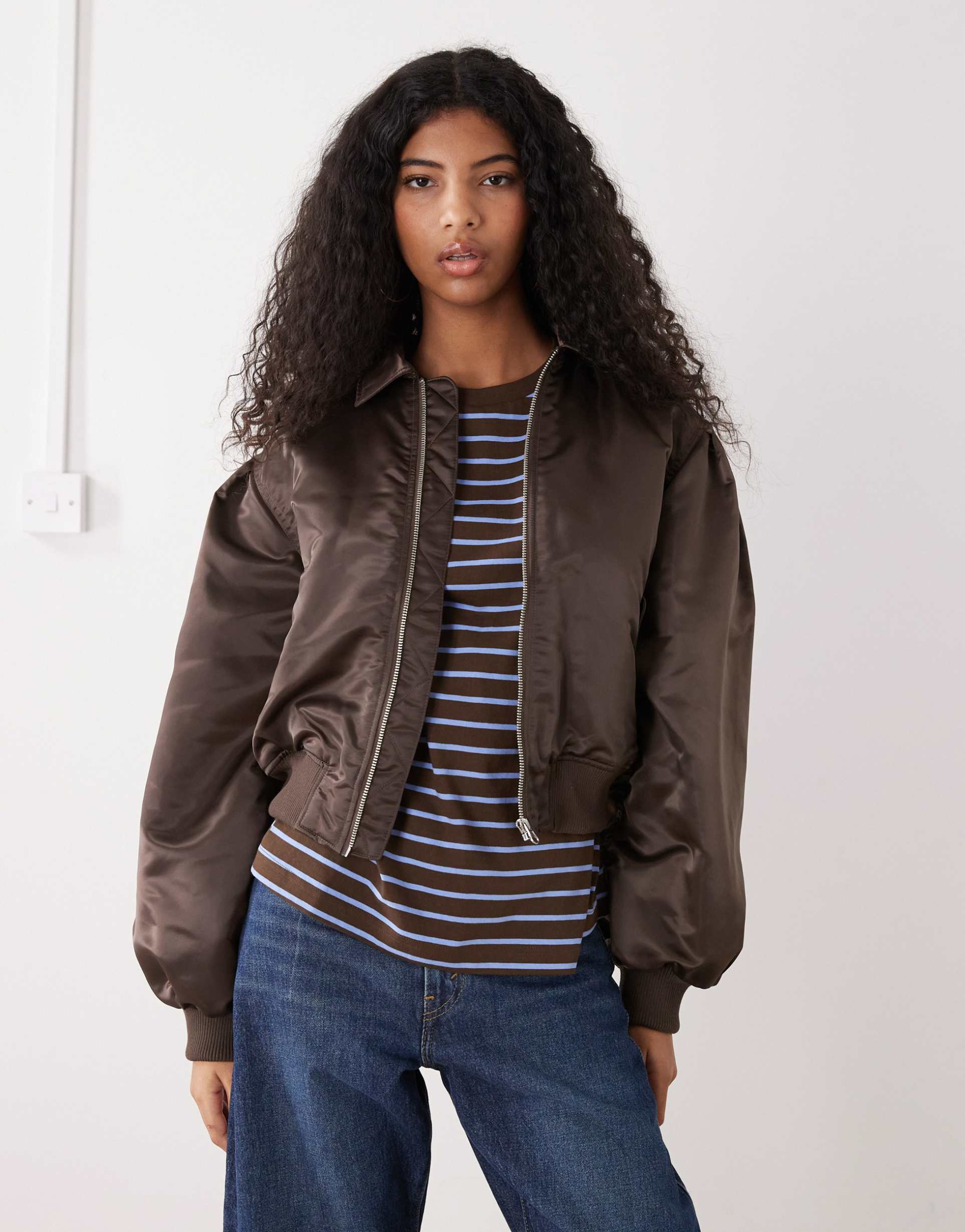 monki ruched back bomber jacket in brown