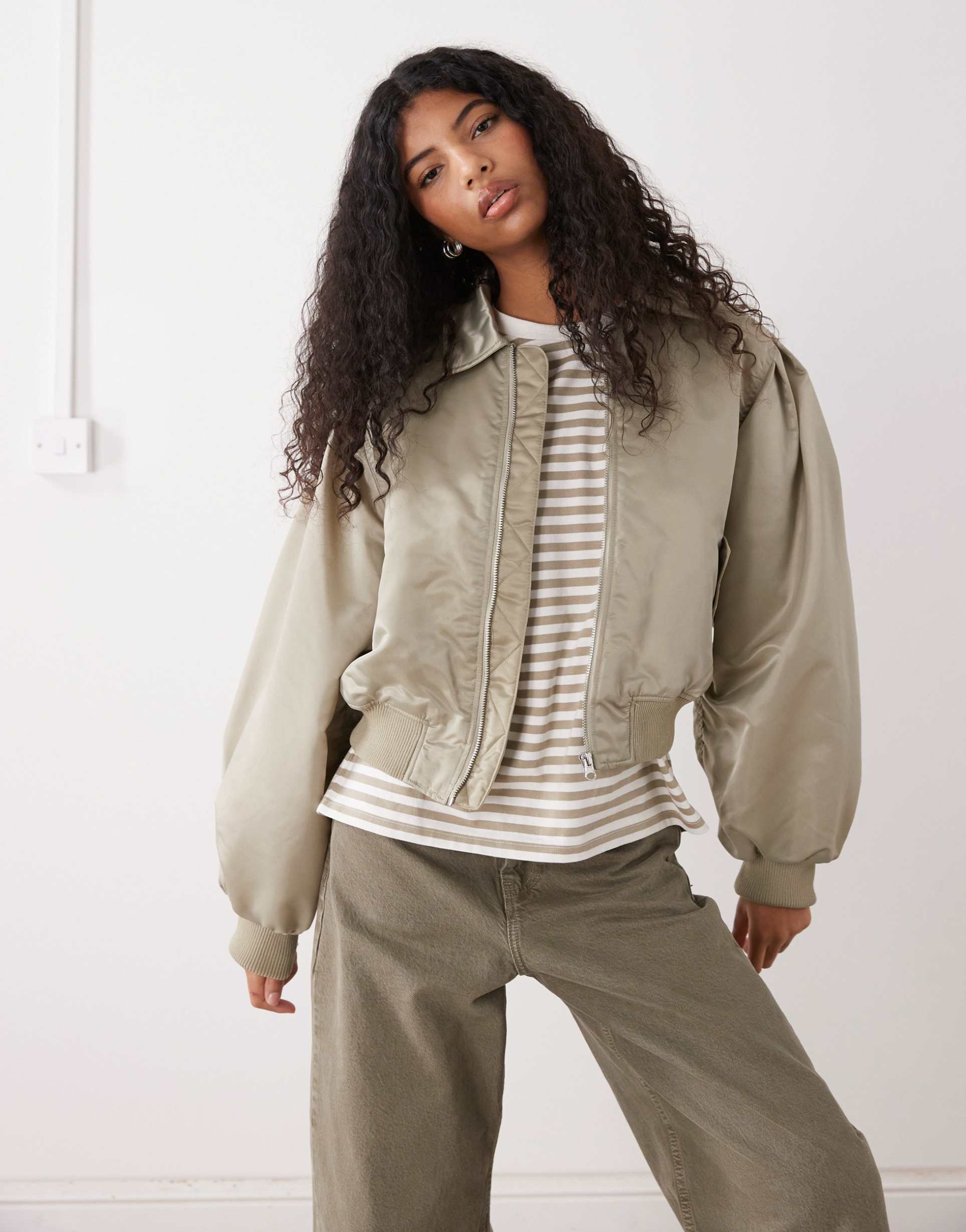 monki ruched back bomber jacket in khaki green