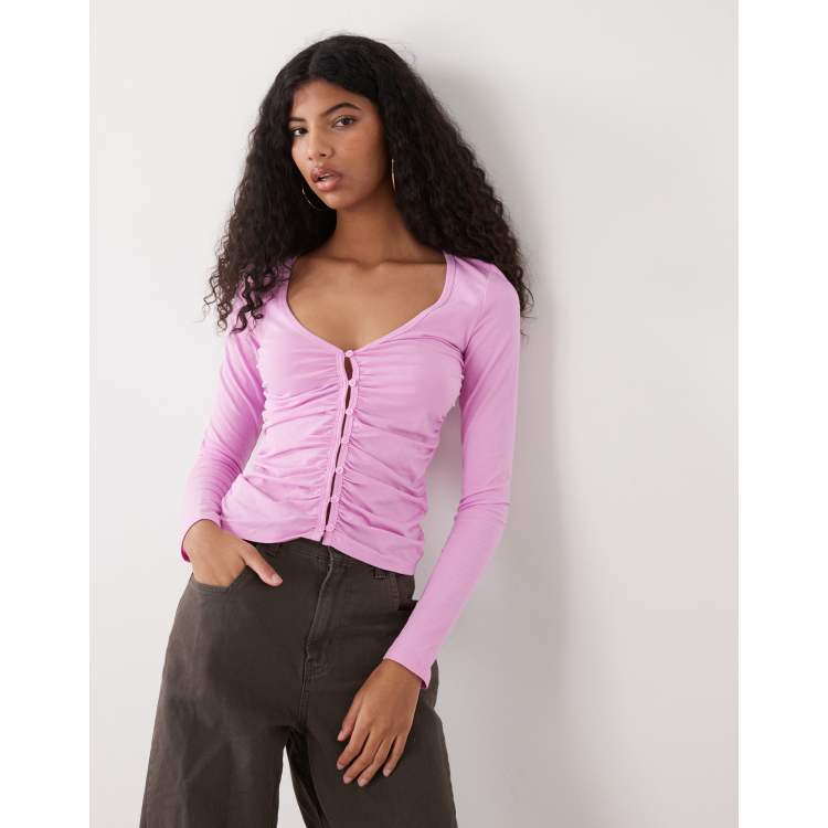 Monki ruched button open jersey top in dusty light pink | ASOS