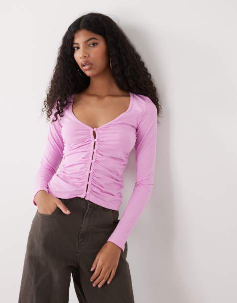 Monki ruched button open jersey top in dusty light pink