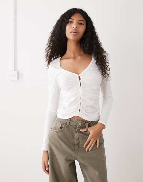 Monki ruched button open jersey top in white