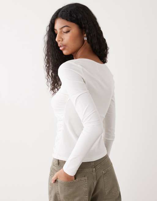 Monki ruched button open jersey top in white, 3 of 4