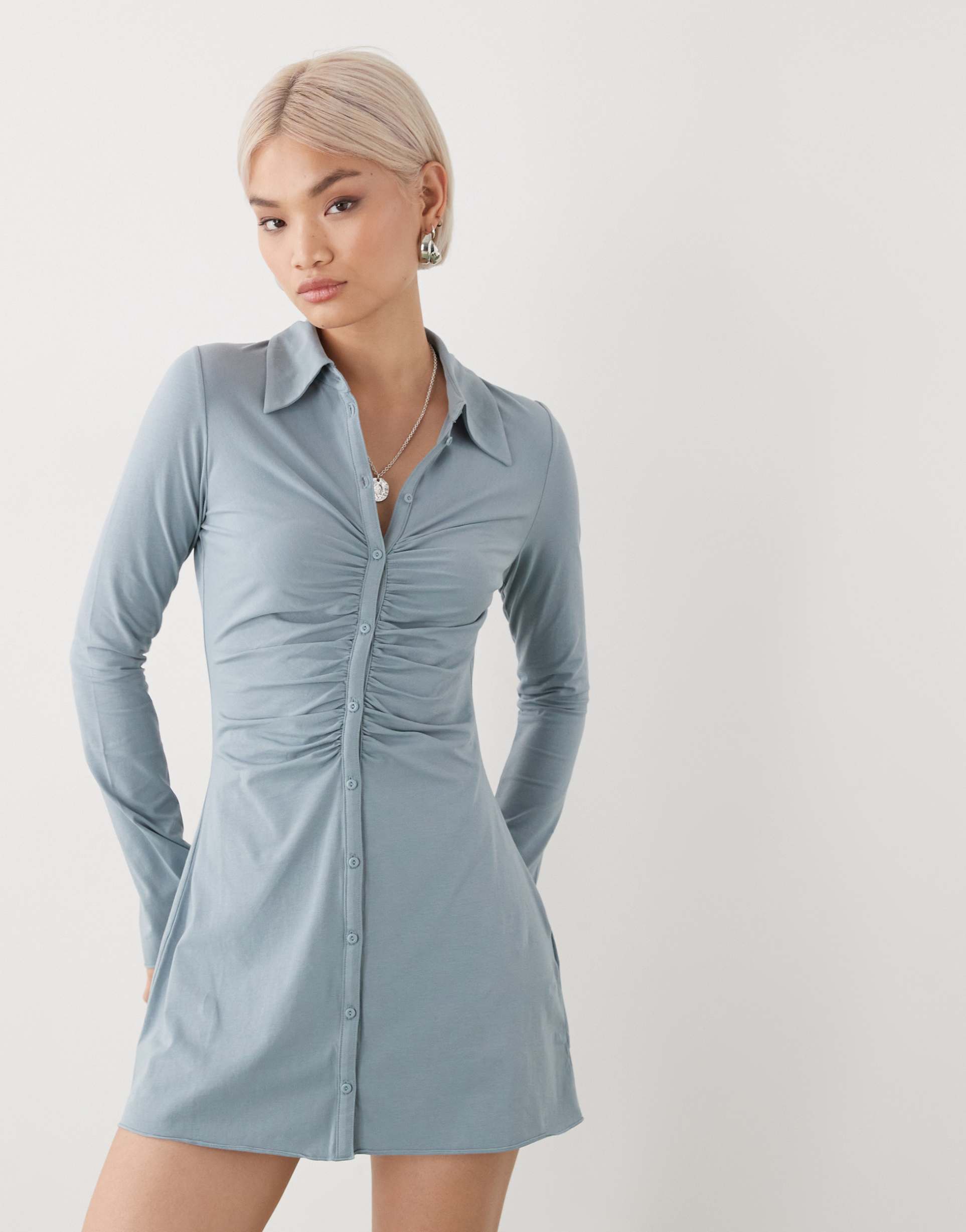 monki ruched front long sleeve mini dress in mint