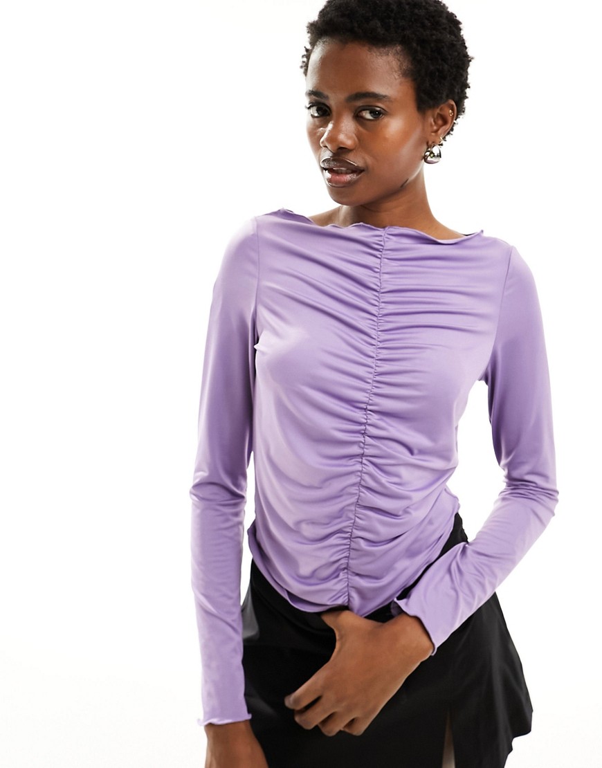 Monki ruched front long sleeve top in deep lilac-Purple
