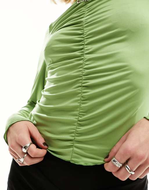 Monki ruched front long sleeve top in green