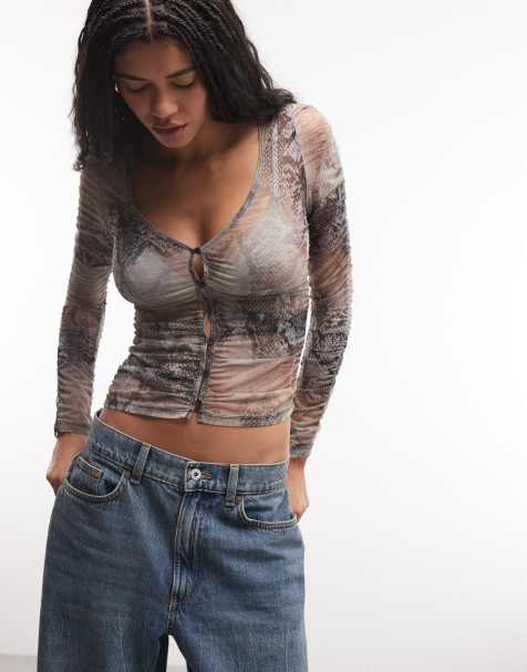 Monki ruched mesh cardigan top in snake print - view 1