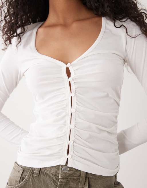 Monki ruched open button front jersey top in white, 2 of 4