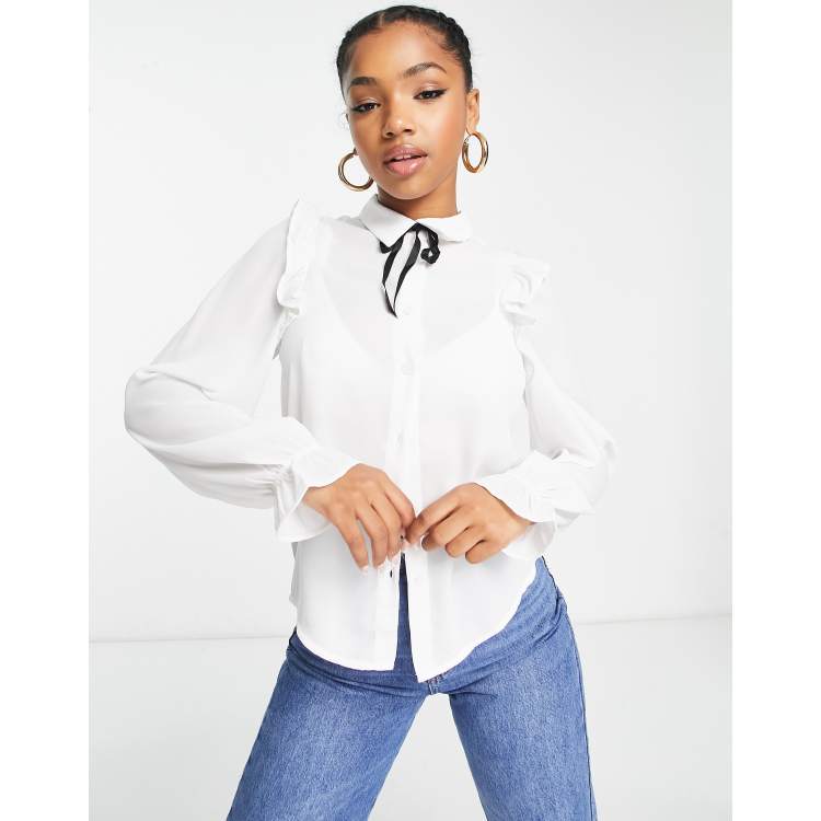 Monki ruffle blouse with ribbon tie in white