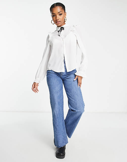 Monki Synthetic White Ruffle Blouse With Tie Detail Womens Clothing Tops Blouses 
