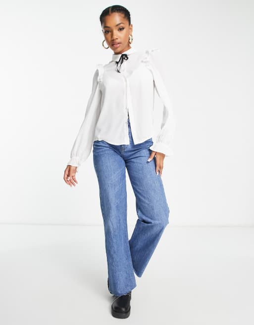 Monki ruffle blouse with ribbon tie in white | ASOS