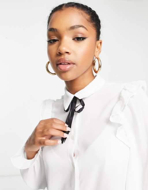 Monki ruffle blouse with ribbon tie in white | ASOS