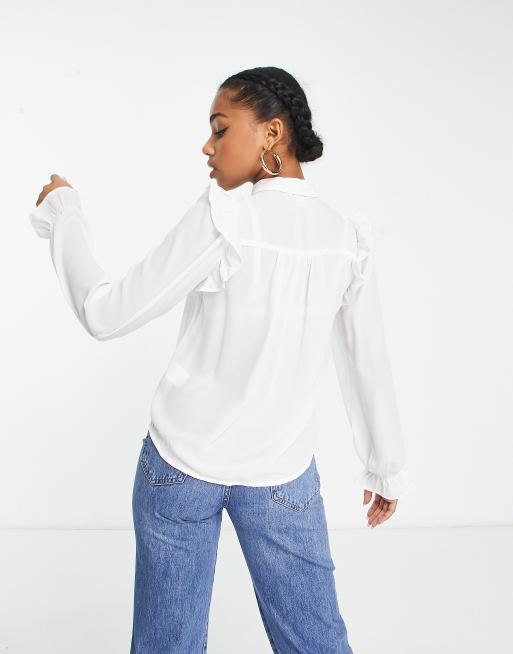 Monki ruffle blouse with ribbon tie in white | ASOS