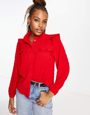 Monki ruffle detail high neck blouse in red