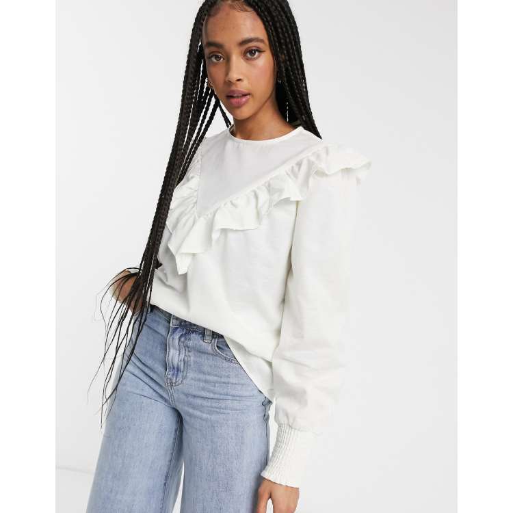 Monki ruffle detail high neck blouse in white