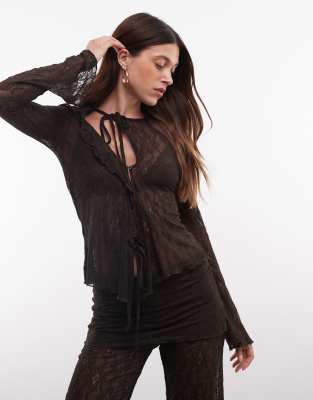 Monki Ruffle Lace Top In Brown