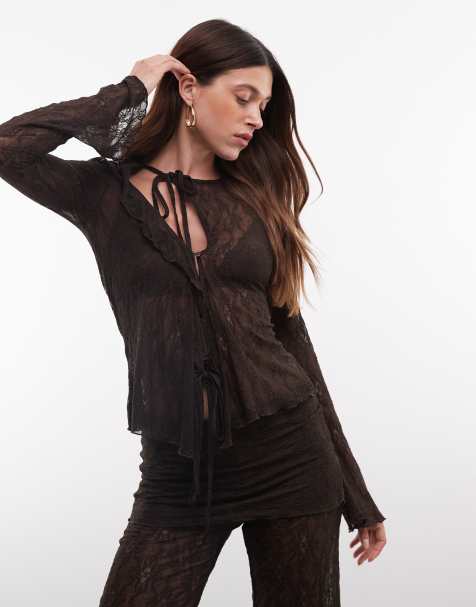 Monki ruffle lace top in dark brown - view 1