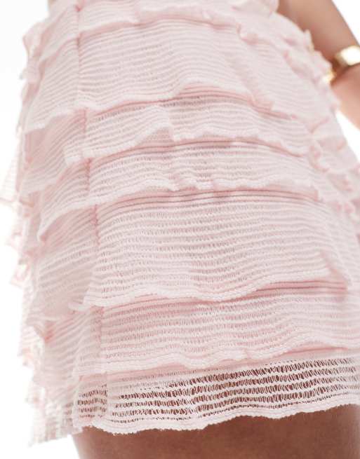 Monki ruffle mini bloomer shorts in light pink
