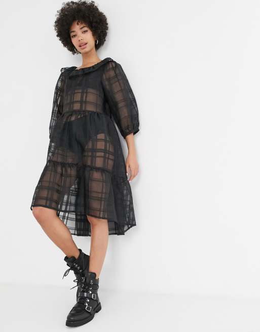 Monki ruffle neck checked organza skater dress in black