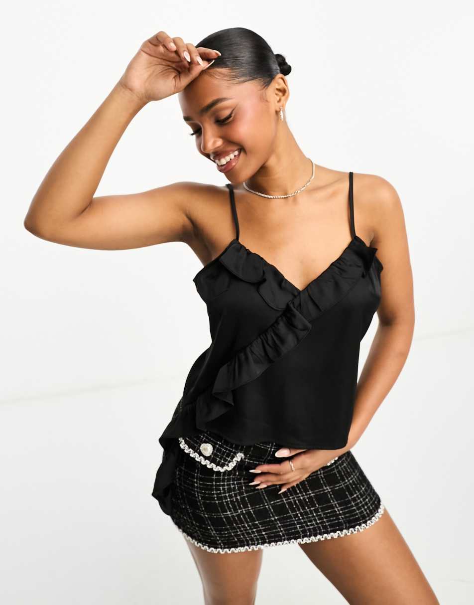 Monki ruffle satin top in black