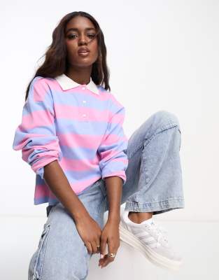 Monki Rugby Shirt In Blue And Pink Stripe-multi