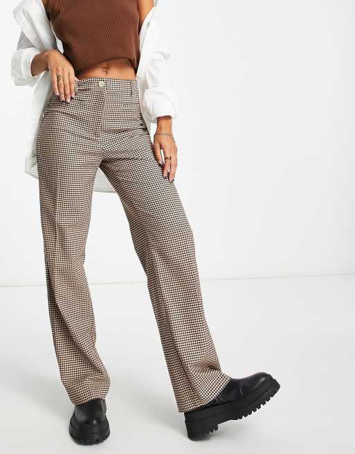 Monki - Ruimvallende elegante broek met ruit in tinten bruin
