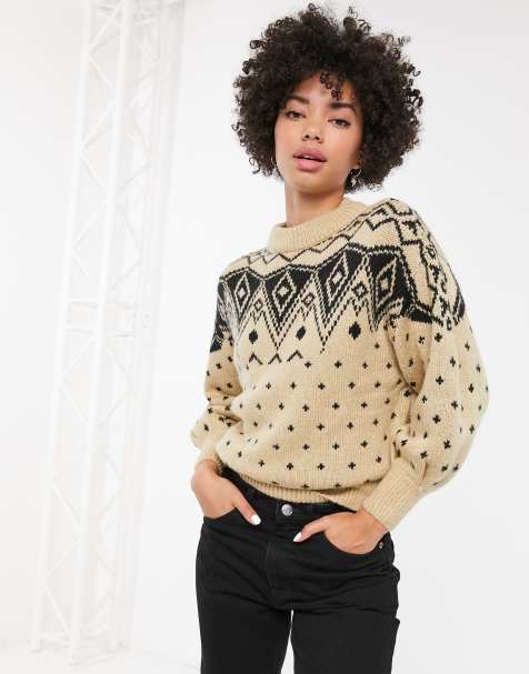 Monki – Rundhalspullover in Creme mit Norwegermuster