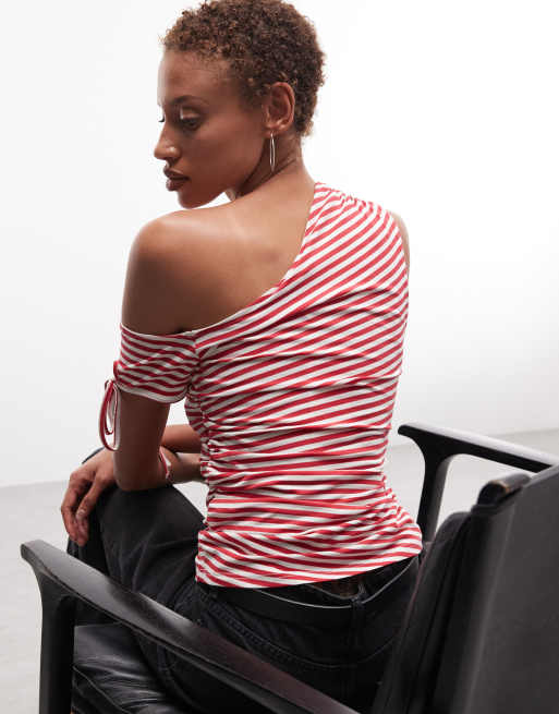 Monki - Rynket offshoulder-top med røde/hvide striber, 4 af 4