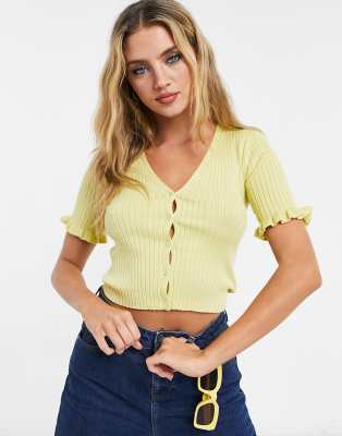 monki -  – Salma – Kurzärmlige Strickjacke in Gelb-Grün