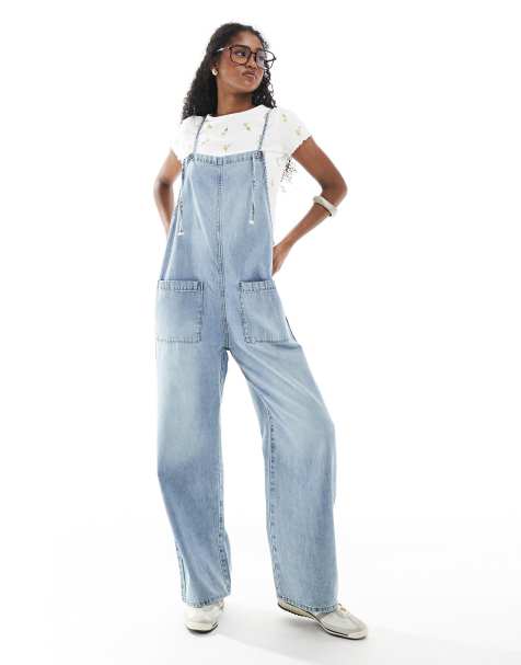 Monki - Salopette in denim lavaggio azzurro con laccetti - view 1