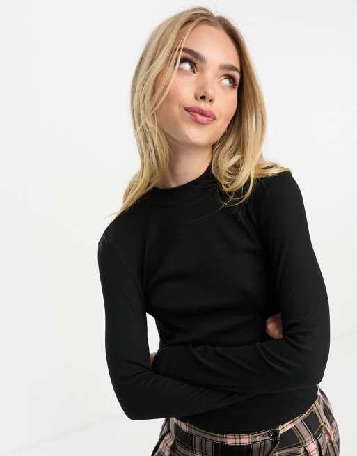 Monki Samina cotton ribbed long sleeve high neck top in black | ASOS