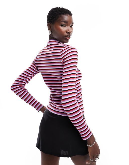 Monki – Samina – Kolorowy prążkowany top w paski z długimi rękawami i golfem, 3 z 4