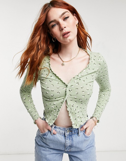 Monki Sancy cotton jersey cardigan in green floral - MGREEN