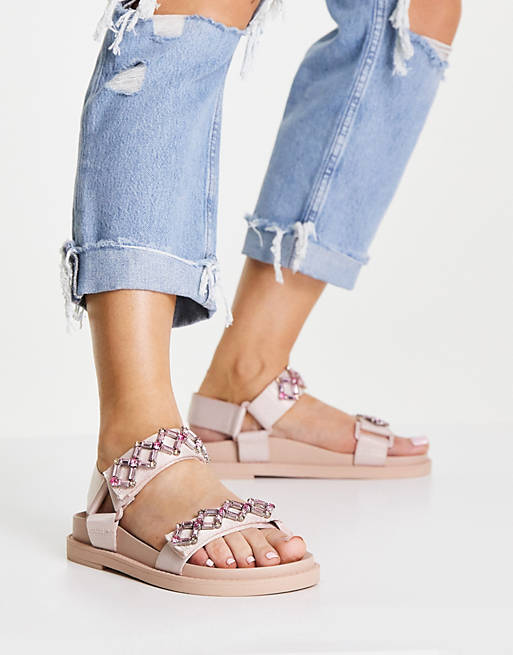 Women Flat Sandals/Monki Sandar recycled beaded embellished dad sandal in pink 