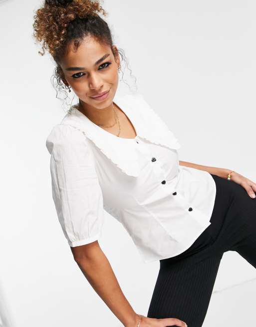 Monki Sandra cotton blouse with ruffled collar detail - WHITE