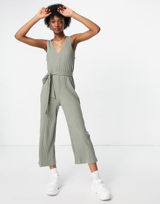 Monki Sandra organic cotton ribbed jersey wide leg jumpsuit in green