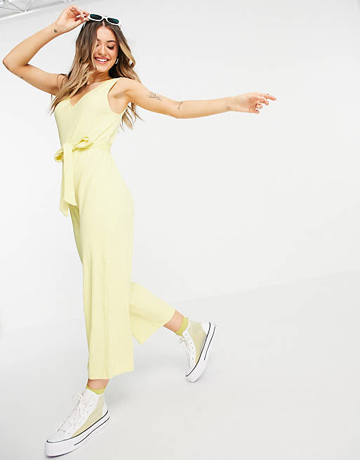 Monki Sandra cotton blend ribbed jersey wide leg jumpsuit in yellow - YELLOW