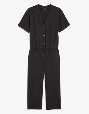 Monki Sanna short sleeve denim jumpsuit in black