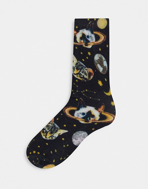 Monki Sassa cat planet print socks in black