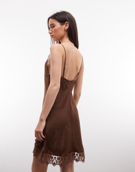 Monki - Satijnen mini slipdress met kanten detail in chocoladebruin, 4 van 4