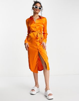 Monki satin belted midi shirt dress in orange