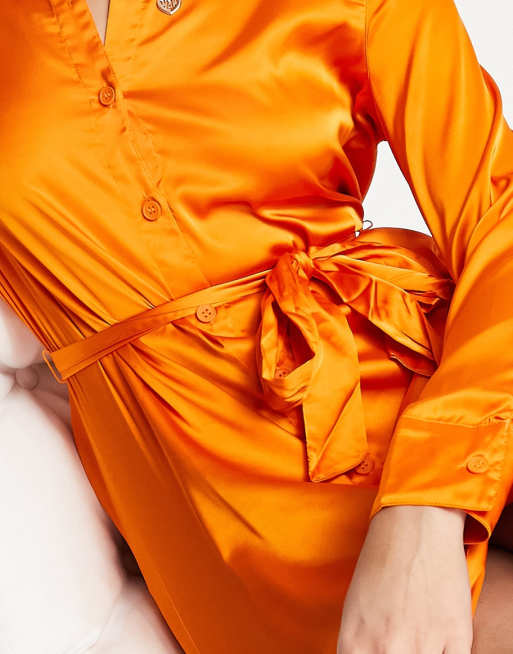 knee length dresses for ladies Orange Cotton Poplin Button-Down Midi Shirt Dress 26