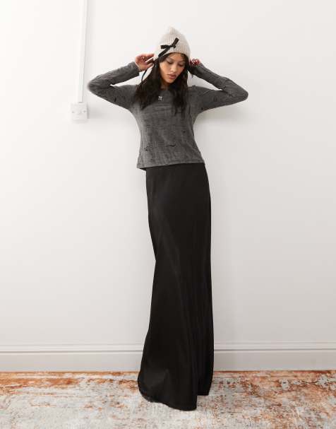 Monki satin bias cut maxi skirt in black - view 1