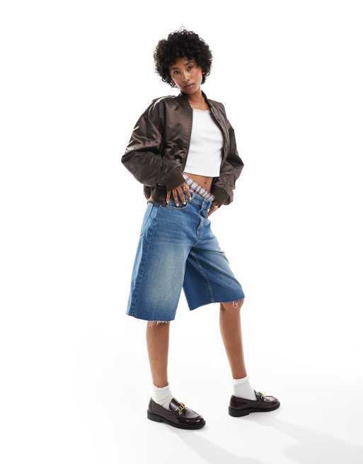 Monki satin bomber jacket with front welt pockets in dark brown | ASOS