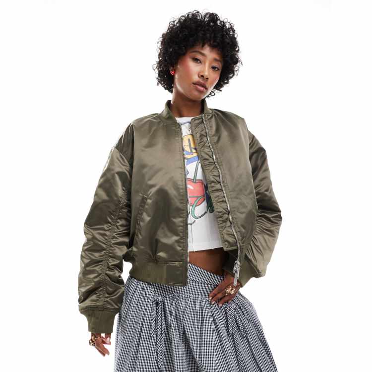 Monki satin bomber jacket with front welt pockets in khaki green with pink lining ASOS